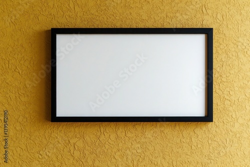 Obraz na płótnie A slim rectangular black frame, resting on a textured mustard wall, bringing a chic, minimalist touch. w salonie