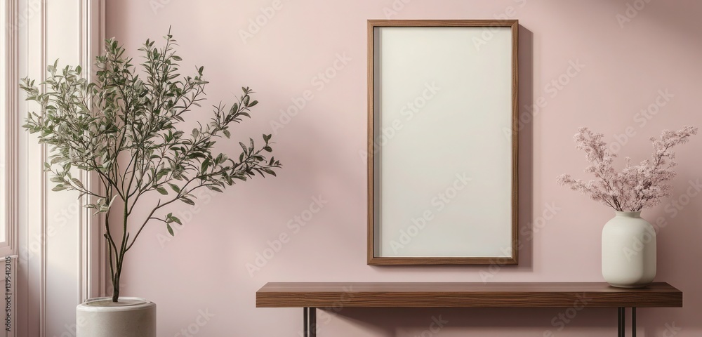 A slim rectangular walnut frame, placed in the bottom corner of a dusty pink wall, giving a sophisticated, modern twist.