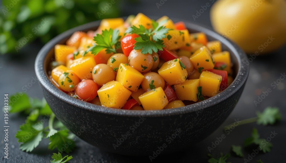 Fresh Mango Salsa Dark Background, Colorful Ingredients, Appetizing Fresh Mango Salsa Dark Background, Colorful Ingredients, Appetizing