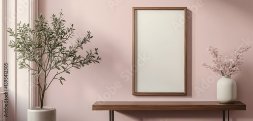 Obraz na płótnie A slim rectangular walnut frame, placed in the bottom corner of a dusty pink wall, giving a sophisticated, modern twist. w salonie