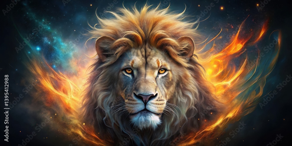 Majestic lion portrait engulfed in fiery cosmic nebula Majestic lion portrait engulfed in fiery cosmic nebula