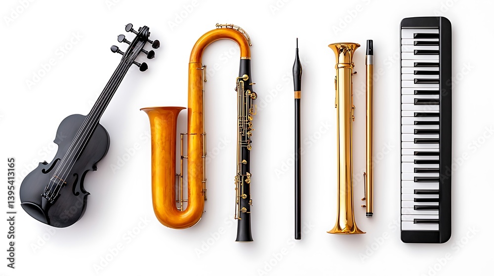 Naklejka premium Diverse Array of Musical Instruments on White Background