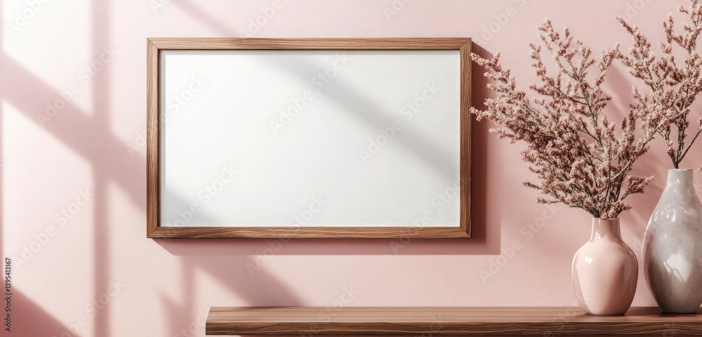 A slim rectangular walnut frame, placed in the bottom corner of a dusty pink wall, giving a sophisticated, modern twist.