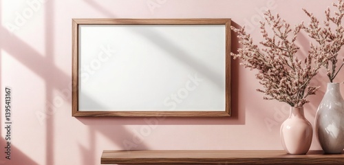 Obraz na płótnie A slim rectangular walnut frame, placed in the bottom corner of a dusty pink wall, giving a sophisticated, modern twist. w salonie