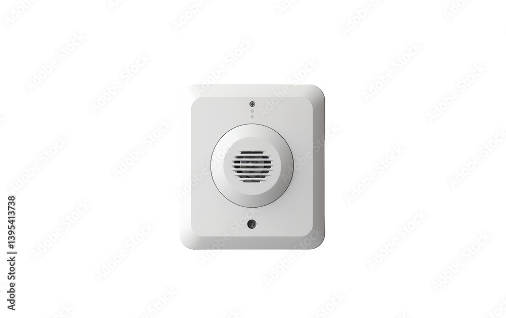 Modern white square security alarm system with a central speaker grill and small indicator lights against a black Modern white square security alarm system with a central speaker grill and small indicator lights against a black