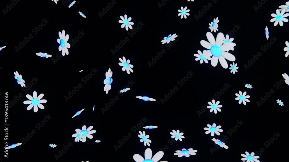 Abstract 3D horizontal backgrounds loop animation spring summertime seasonal falling flowers daisies floral petal patterned textured rainbow neon colours gradient metallic retro groovy hippie confetti