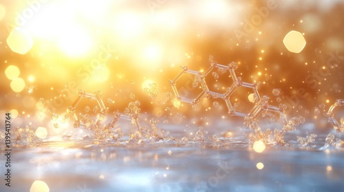 Sparkling water droplets with glowing molecular structures at sunset.