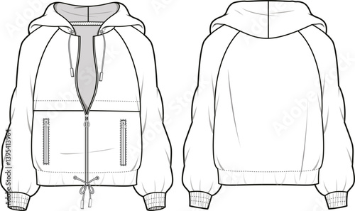 Unisex Zip Front, Hooded Sweatshirt. Technical fashion sweatshirt illustration. Front and back, in white color. Unisex CAD mock-up.