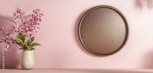 A small bronze circular frame with a hammered texture, slightly off-center on a dusty pink wall, adding a touch of artisanal charm.