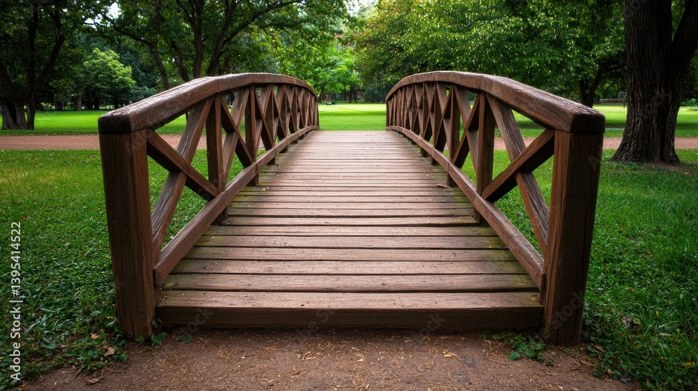 Tranquil Wooden Bridge in a Serene Park Tranquil Wooden Bridge in a Serene Park