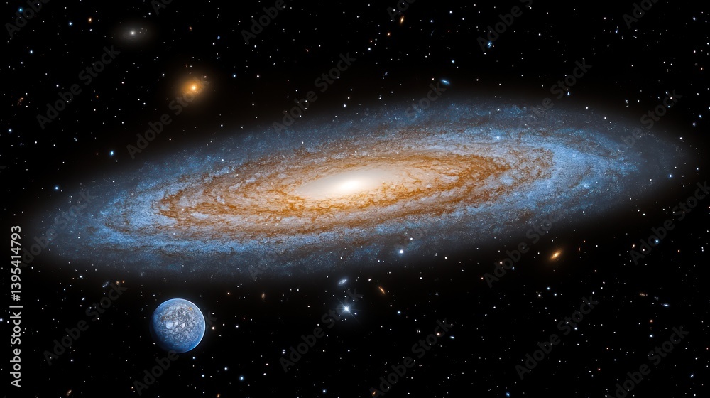 Fototapeta premium Spiral galaxy with planet and stars in deep space.