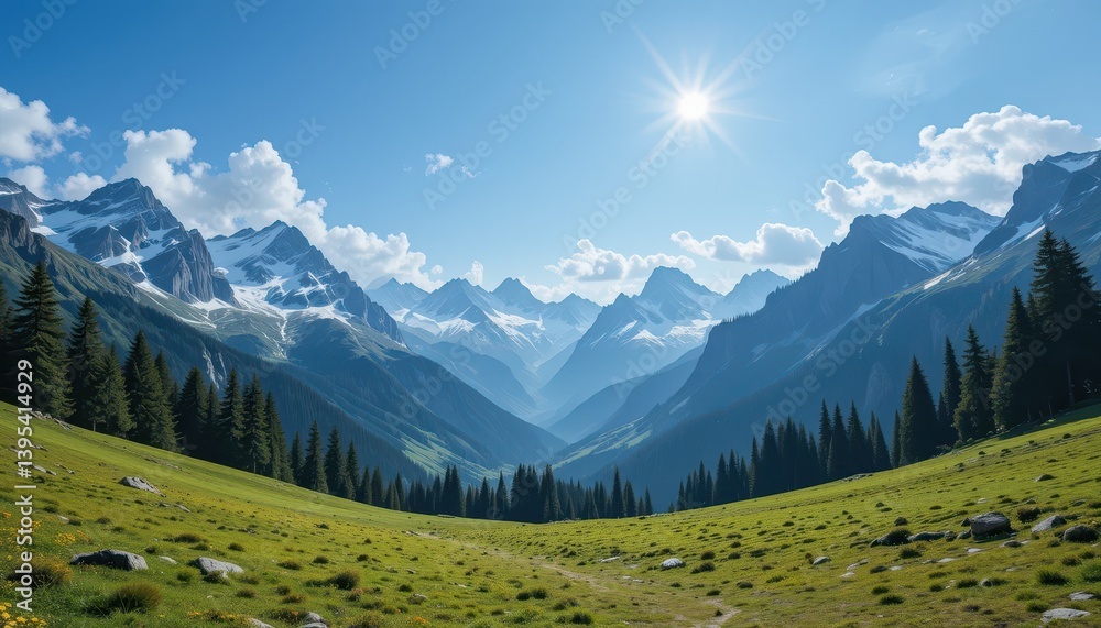 Fototapeta premium Majestic Mountain Landscape with Lush Green Valley and Blue Sky