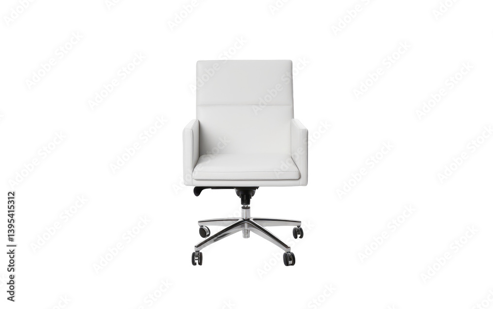 Fototapeta premium Sleek white leather office chair with chrome base and wheels against a black background Perfect for modern office design