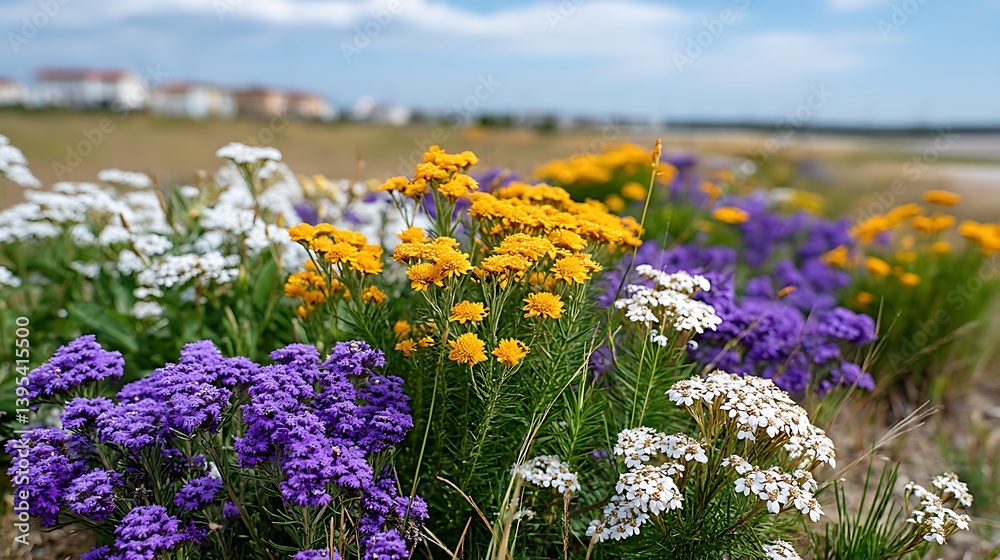 Obraz premium Vibrant Spring Flowers Yellow Purple and White Wildflowers Blooming in a Garden