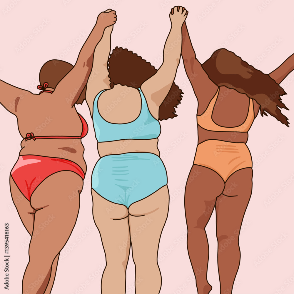 Diverse Body Positive Women Holding Hands in Summer Swuimsuits