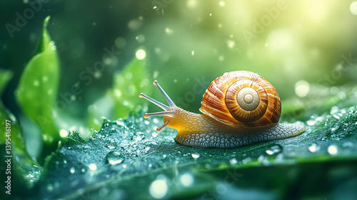 A snail with its antennae extended, slowly crawling on a wet leaf in a natural garden setting