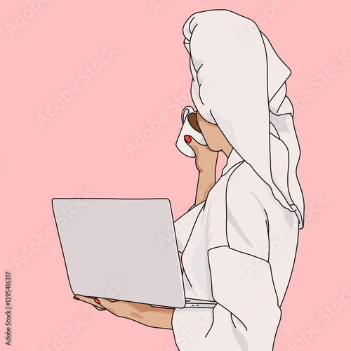 Woman in Towel Working on Laptop