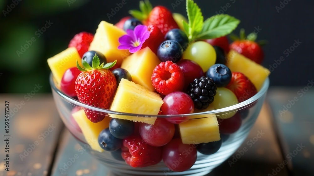 A refreshing bowl of vibrant fruit salad featuring pineapple chunks, strawberries, blueberries, raspberries, blackberries, and red grapes, garnished with a sprig of mint and edible flowers. A refreshing bowl of vibrant fruit salad featuring pineapple chunks, strawberries, blueberries, raspberries, blackberries, and red grapes, garnished with a sprig of mint and edible flowers.