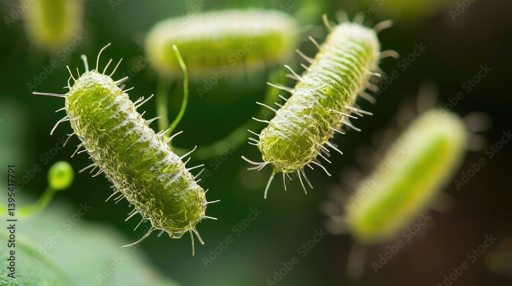 A close-up view of green, spiky structures resembling bacteria or microorganisms floating in a lush, green environment. A close-up view of green, spiky structures resembling bacteria or microorganisms floating in a lush, green environment.