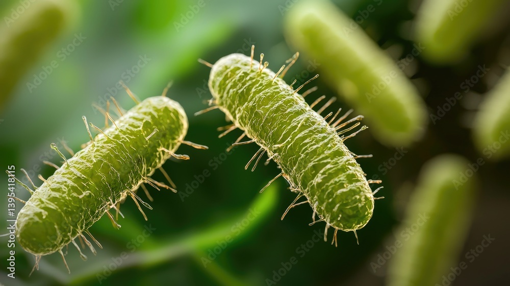 Naklejka premium Two green, spiky microorganisms are visible against a blurred green background, showcasing intricate details and textures.