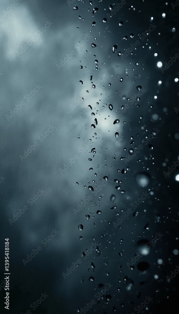 Obraz premium Raindrops on glass surface, moody atmosphere, reflecting light, dark cloudy background