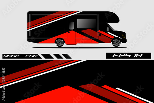 Sleek black and red vehicle wrap design showcasing a modern RV silhouette with dynamic lines