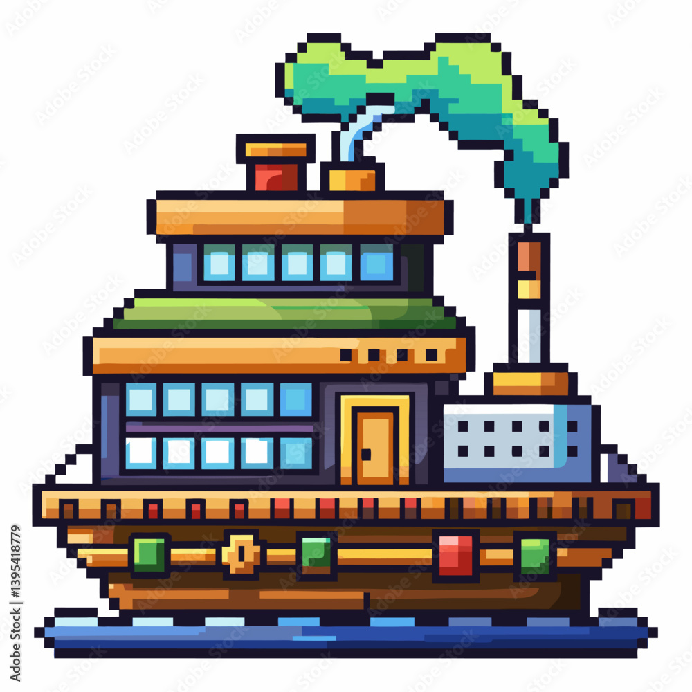 Fototapeta premium Colorful Pixel Art Steamship on Blue Water Retro Styled Pixelated Ship Illustration