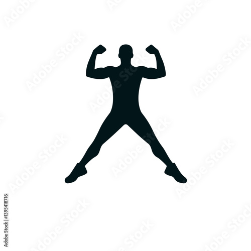 Stylized black silhouette of a muscular male figure in a victory stance showcasing strength and confidence