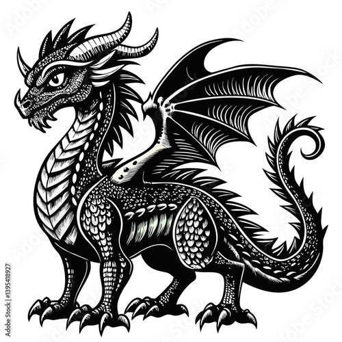 Intricate Black and White Dragon Illustration with Detailed Scales and Wings