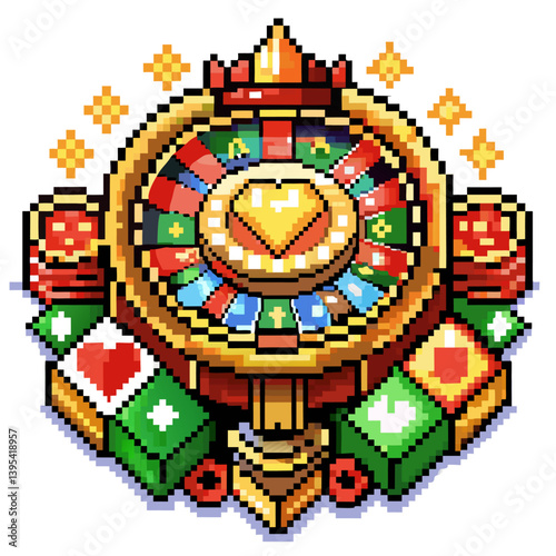 Pixel Art Casino Roulette Wheel with Heart and Cards   Retro Gambling Icon