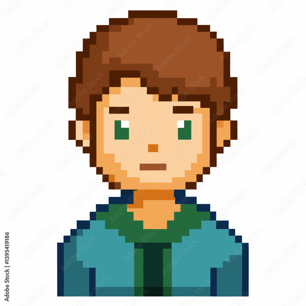 Obraz premium Pixel Art Boy Character with Green Eyes and Brown Hair in Blue Hoodie