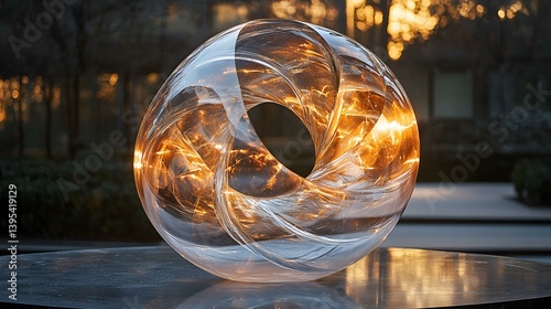 A suspended spiral made of interlocked translucent spheres, spinning midair with ambient light diffusion