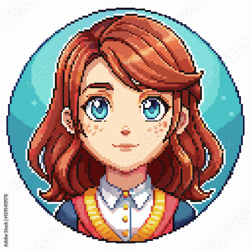 Retro Pixel Art Portrait of Red Haired Girl with Blue Eyes