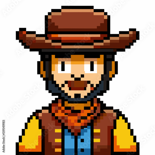 Retro Pixel Art Cowboy Character with Hat and Bandana