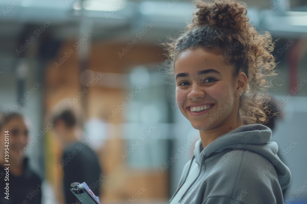 Fototapeta premium Smiling Female Coach with Clipboard in Gym Class