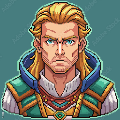 Pixel Art Character Portrait of Medieval Fantasy Warrior with Blonde Hair and Blue Outfit