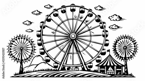 Black and White Ferris Wheel Illustration with Carnival Tent and Cloudy Sky
