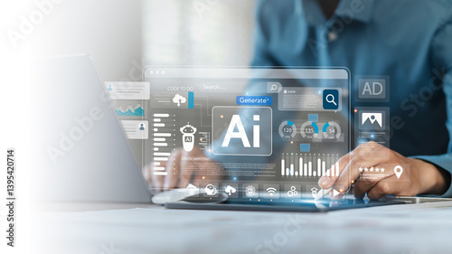 Businessman using AI technology on the screen of work to analyze data Chatbot chat with AI using AI smart robot technology. Increase work efficiency with AI solutions Chatbot helps solve work problems