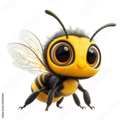 Adorable Cartoon Bee with Big Eyes and Detailed Wings on Transparent Background