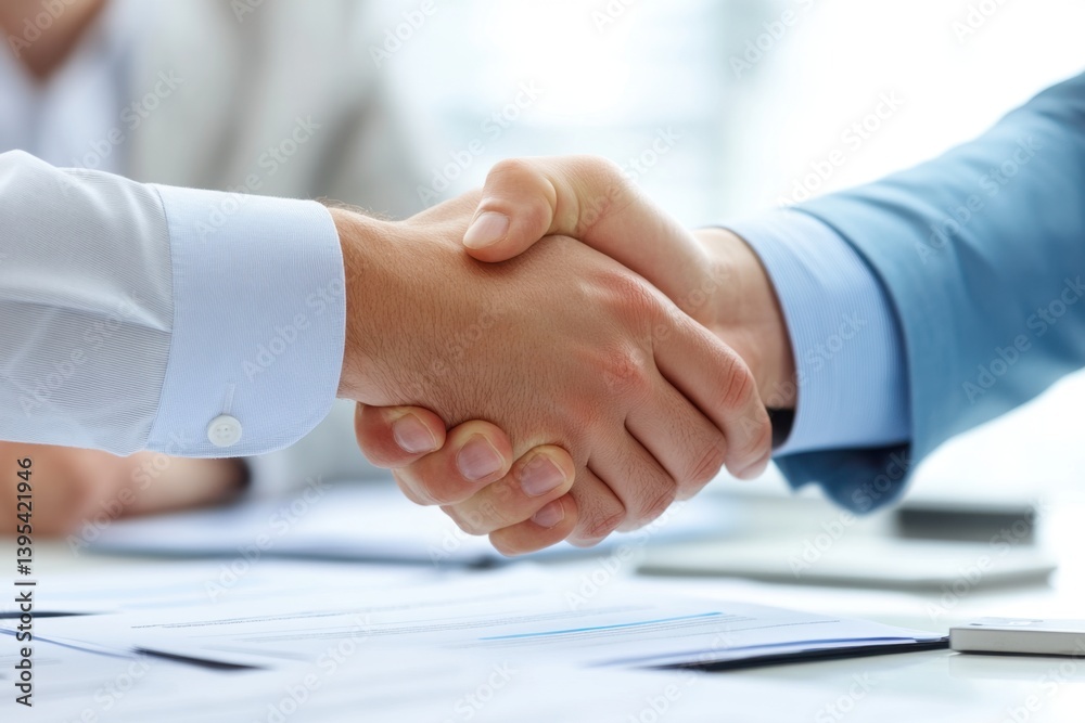 Professional business partners engaging in a handshake agreement to seal a deal and demonstrate collaboration in a bright office environment with paperwork visible Professional business partners engaging in a handshake agreement to seal a deal and demonstrate collaboration in a bright office environment with paperwork visible
