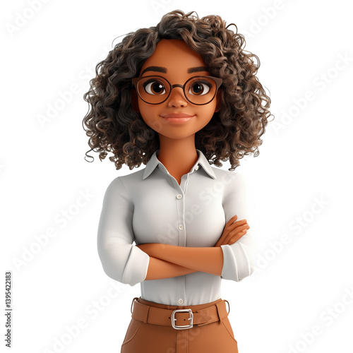 Animated African Woman with Arms Crossed, Curly Hair, Glasses, Transparent Background
