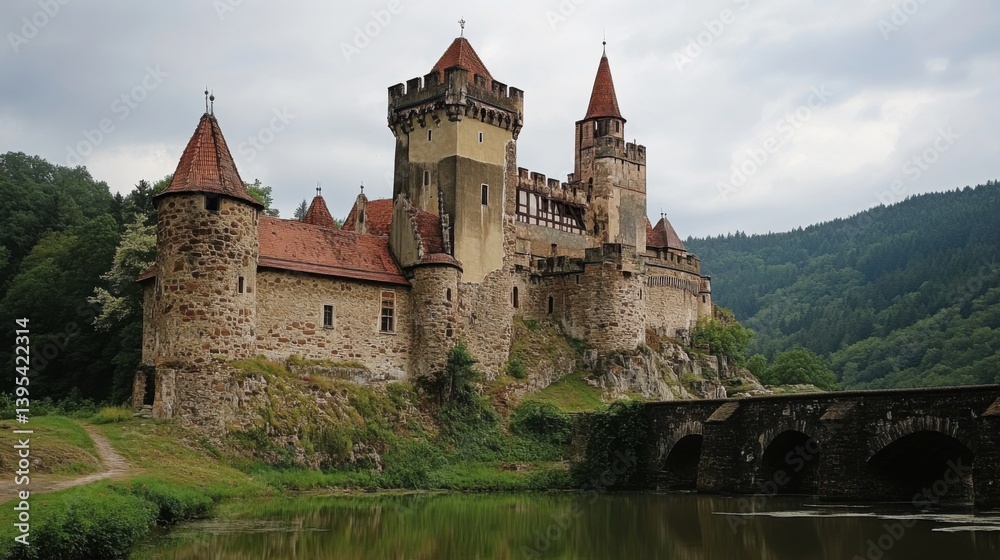 Majestic Medieval Castle on a Hillside with a Stone Bridge Majestic Medieval Castle on a Hillside with a Stone Bridge