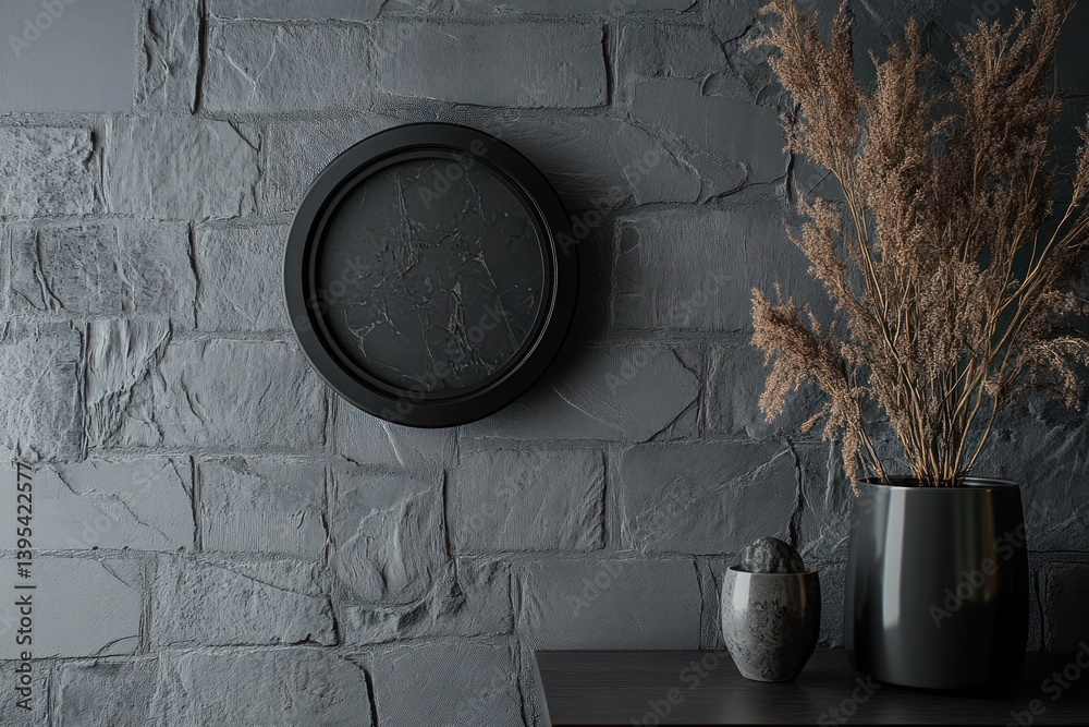 A small, round black frame mounted off-center on a slate gray wall, adding a touch of mystery to the dark, minimalist design.