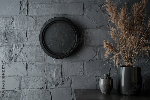 Obraz na płótnie A small, round black frame mounted off-center on a slate gray wall, adding a touch of mystery to the dark, minimalist design. w salonie