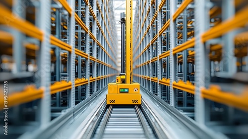 Automated high tech warehouse storage and retrieval system with shelves and racks for efficient modern logistics and inventory management