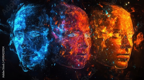Three abstract human faces in blue red and orange colors on dark background.