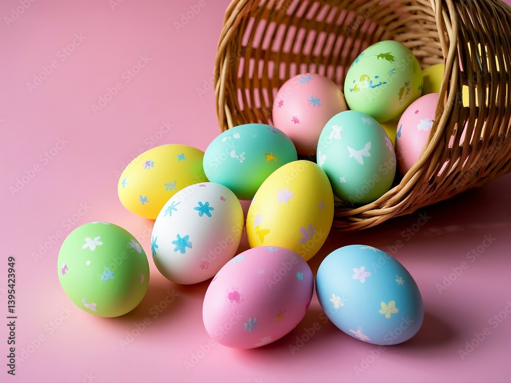 Festive pastel colored easter eggs in a basket Festive pastel colored easter eggs in a basket