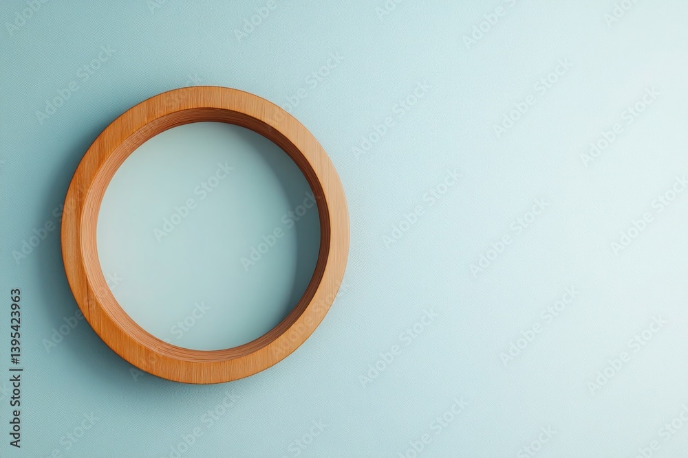A small round wooden frame with a smooth, matte finish, placed in the lower corner of a pale blue wall, creating an intriguing off-center composition.