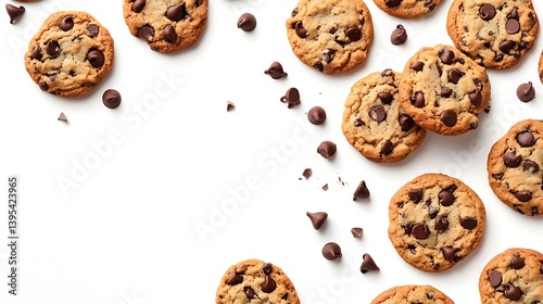 Delicious Chocolate Chip Cookies Arrangement on White Background, Top View Pattern