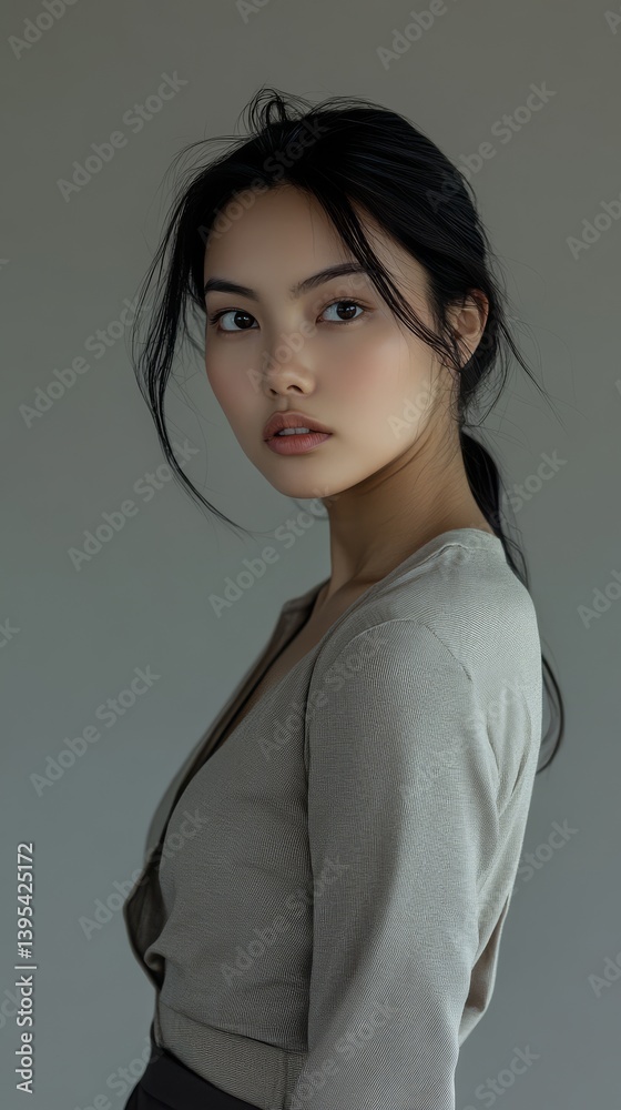 Elegant Contemplation: A poised model exudes grace, her gaze captivating in a studio setting. This stunning shot embodies sophistication and serenity. Elegant Contemplation: A poised model exudes grace, her gaze captivating in a studio setting. This stunning shot embodies sophistication and serenity.